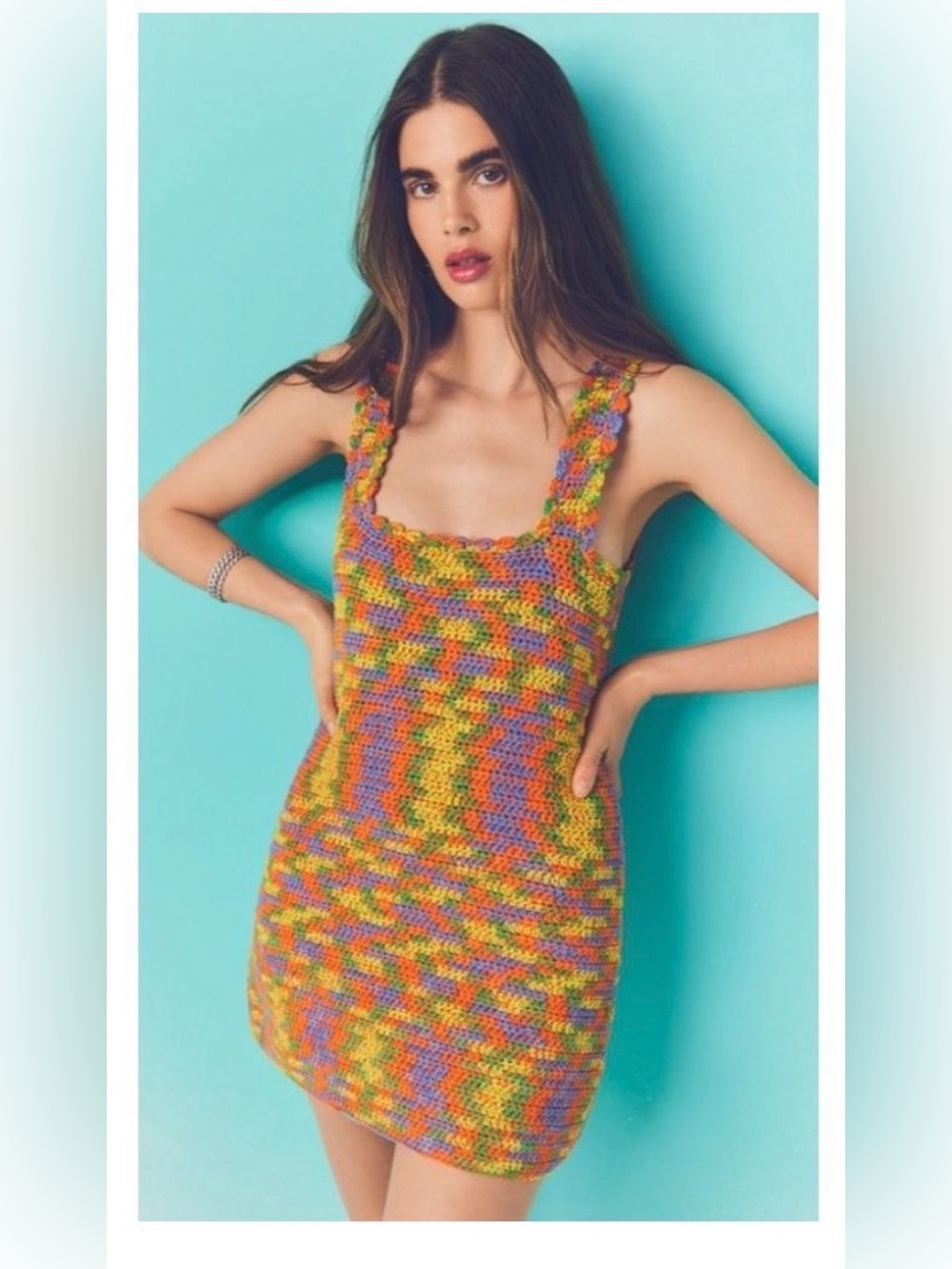 Re/Done Multicolor Crochet Mini Dress in Yellow Pink Green